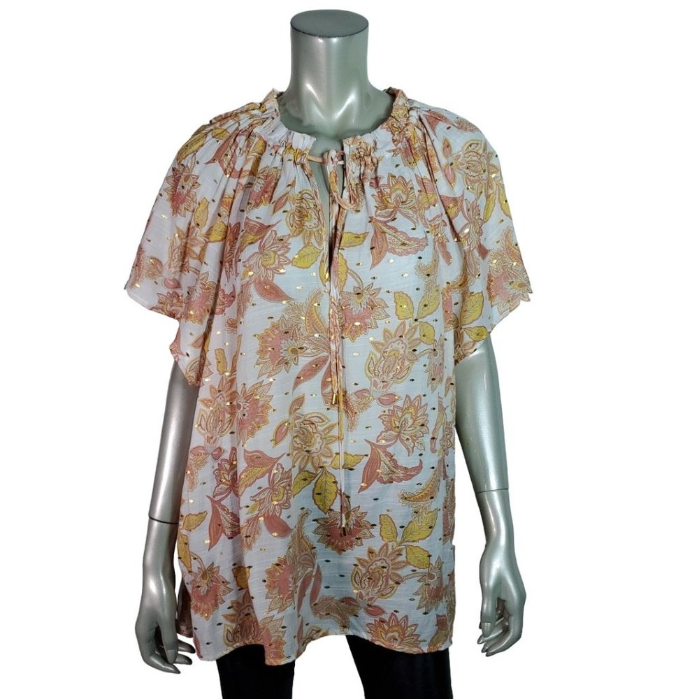 Harve Benard Top Plus Size 3X Metallic Raglan Sleeve Tie Neck Floral Gold NWT